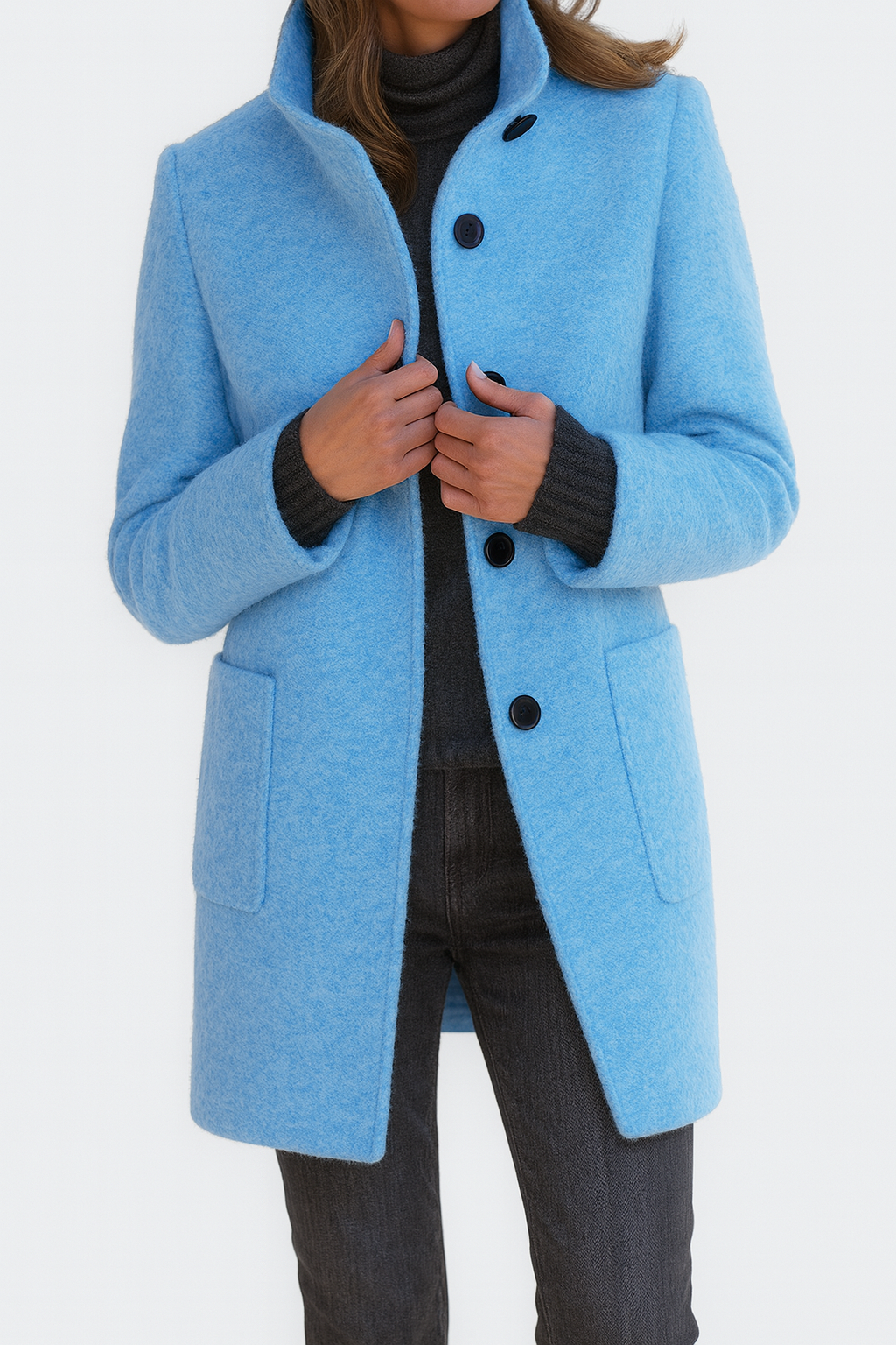 Dames Mid-Length Blend Jas met Opstaande Kraag en Paspelzakken