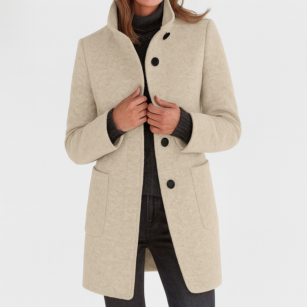 Dames Mid-Length Blend Jas met Opstaande Kraag en Paspelzakken