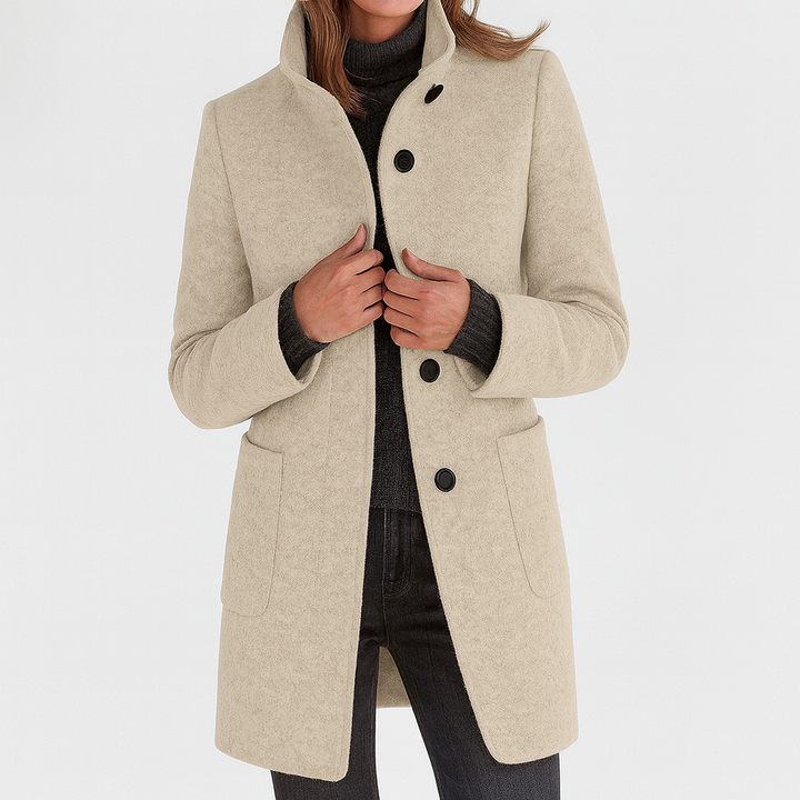 Dames Mid-Length Blend Jas met Opstaande Kraag en Paspelzakken