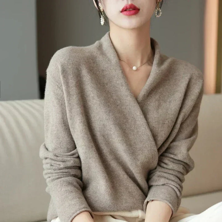 Dames Wrap Sweater in Brei met V-Hals en Geribbelde Zoom